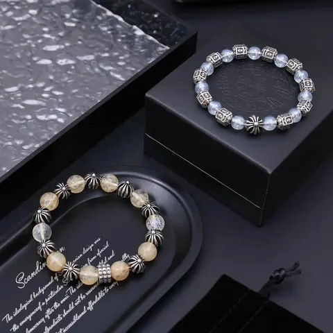 Crystal Beaded Bracelet with Silver Tone Charms