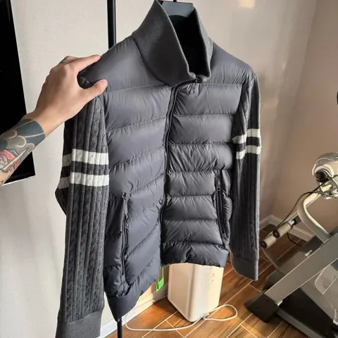 Gray Quilted Puffer Jacket with Knit Sleeves