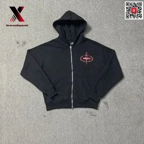 Black Zip-Up Hoodie with Red Logo