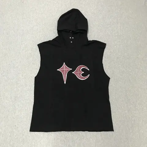 Black Sleeveless Hoodie with Red Embroidered Symbols