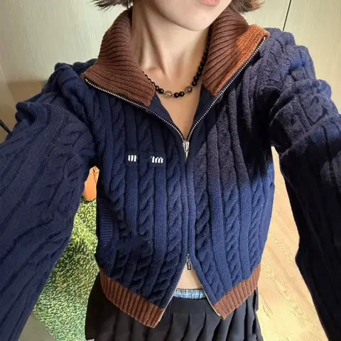 Cable Knit Zip-Up Sweater Jacket with Contrast Collar