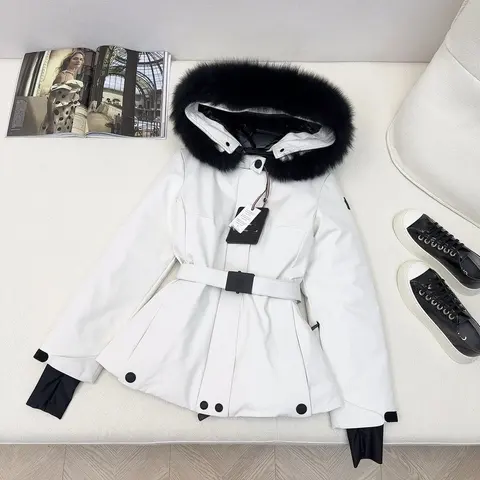White Winter Parka with Black Fur Hood and Belt