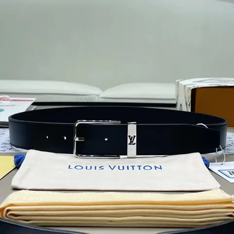 Louis Vuitton Black Leather Belt with Silver Buckle