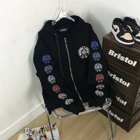 Black Zip-Up Hoodie with Colorful Logo Embroidery