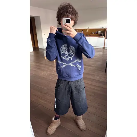 Blue Hoodie with White Graphic Print
