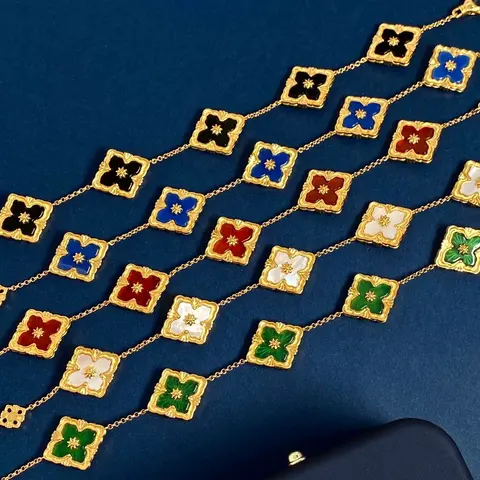 Multi-Color Floral Square Link Necklace