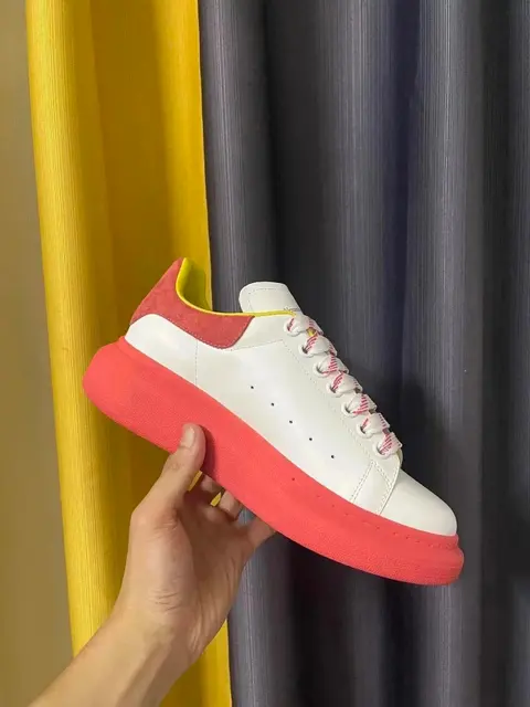 Alexander McQueen White Leather Sneakers with Coral Sole