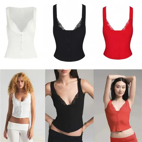 Lace Trim Button Front Crop Tops in White, Black, and Red