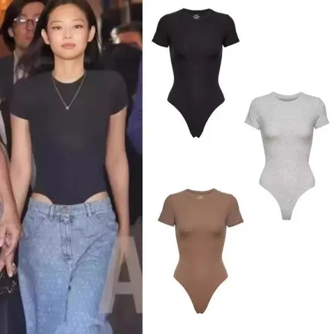 Basic Short Sleeve Bodysuit in Black, Gray, and Brown
