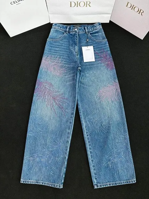 Chanel Embroidered Feather Denim Jeans