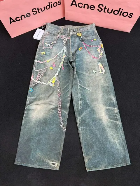 Acne Studios Denim Jeans with Pastel Chain Embellishments