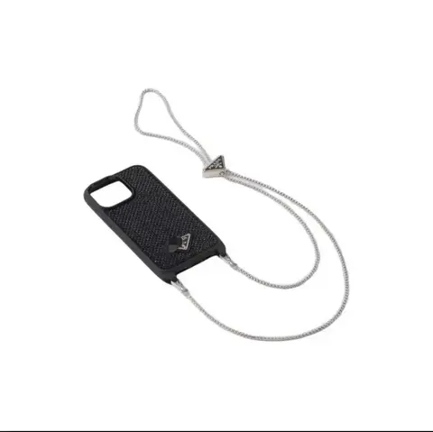 Prada Black Textured Phone Case with Silver Chain Strap