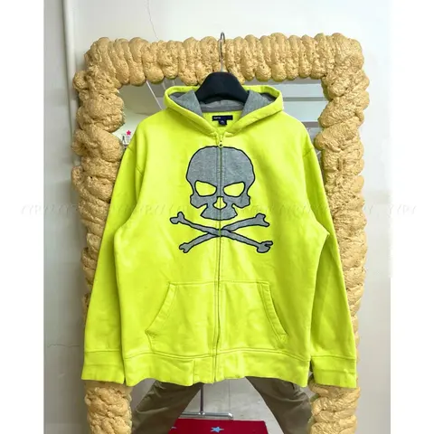 Neon Yellow Zip-Up Hoodie with Skull and Crossbones Design