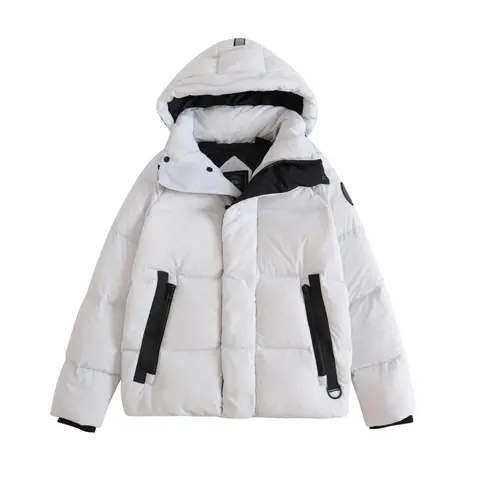 White Hooded Puffer Jacket with Black Accents