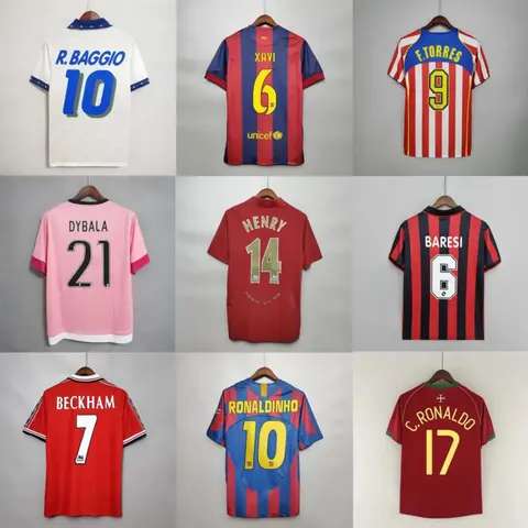 Vintage Football Jersey Collection Featuring Baggio, Xavi, Torres, Dybala, Henry, Baresi, Beckham, Ronaldinho, and Ronaldo