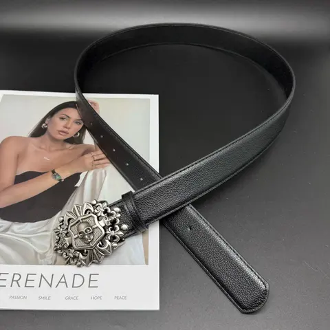 Black Leather Belt with Ornate Skull Buckle