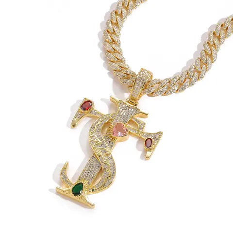 Gold Diamond-Encrusted Dragon Pendant Necklace with Colorful Gemstones