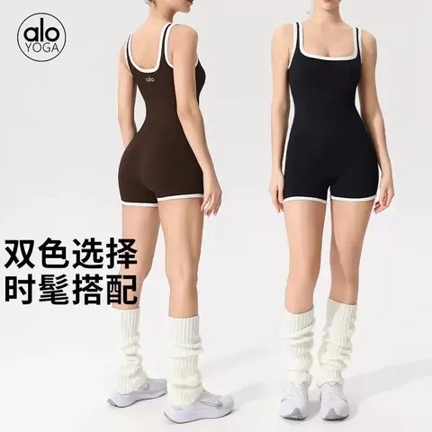 alo YOGA Ribbed One-Piece Romper - Black and Brown