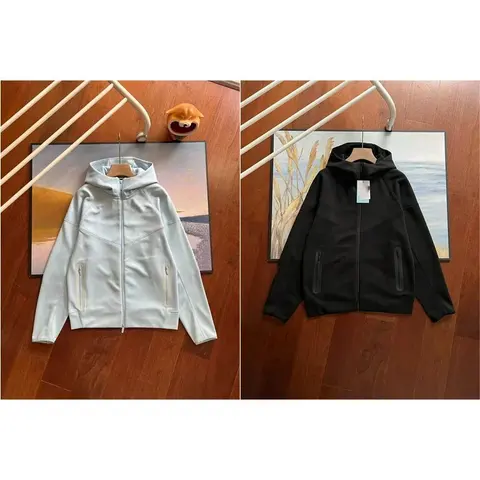 Hooded Zip-Up Sweatshirts - Light Gray and Black