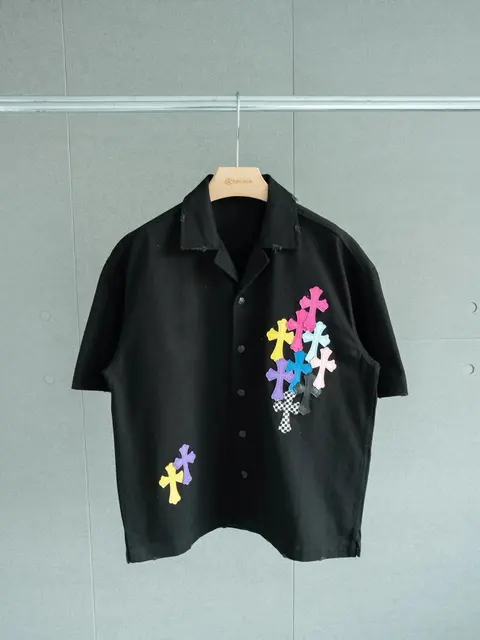 Black Short Sleeve Shirt with Colorful Cross Embroidery
