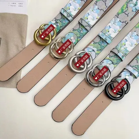 Floral Pattern Leather Belts with Double Ring Buckles