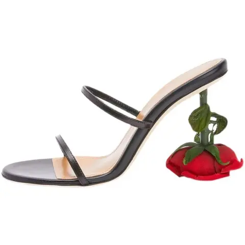 Black Strappy Heels with Red Rose Heel