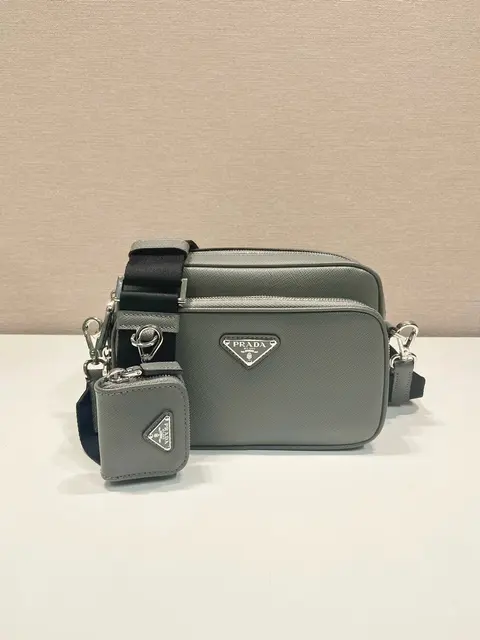 Prada Grey Saffiano Leather Crossbody Bag with Detachable Pouch