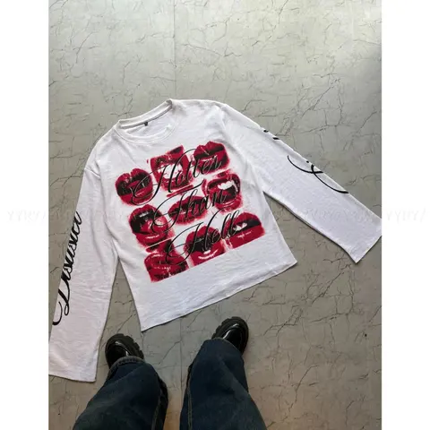 White Long Sleeve T-Shirt with 'Hotter Than Hell' Lip Print