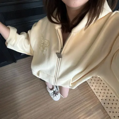 Cream Color Embroidered Zip-Up Hoodie with Monkey Logo