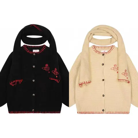 Embroidered Cardigan with Scarf Set