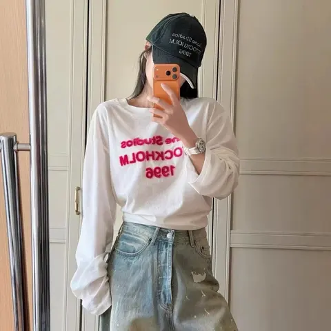 White Long Sleeve T-Shirt with Pink Text Print