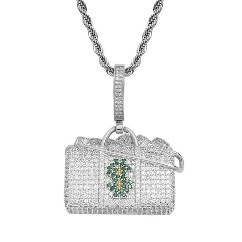 Diamond-Encrusted Handbag Pendant Necklace with Green and Yellow Gem Logo