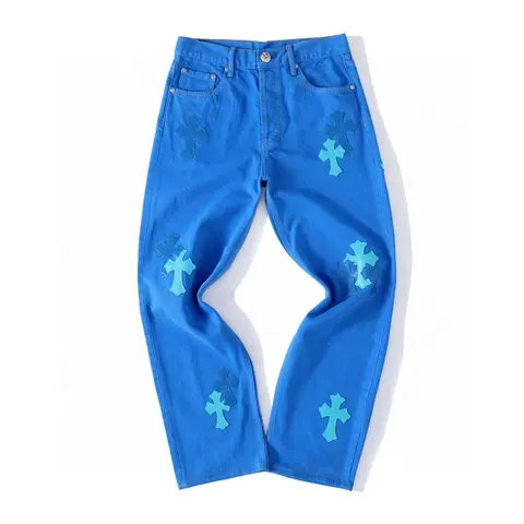 Blue Denim Jeans with Cross Embroidery
