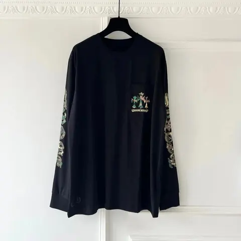 Black Long Sleeve T-Shirt with Graphic Print and Embroidered Sleeves