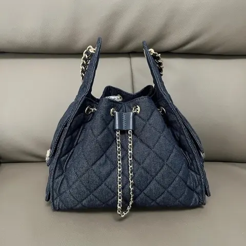 Chanel Denim Quilted Drawstring Bag