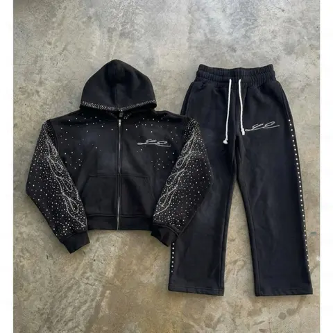 Black Rhinestone Embellished Hoodie and Sweatpants Set