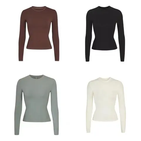 Solid Color Round-Neck Slim-Fit Long Sleeve T-Shirt