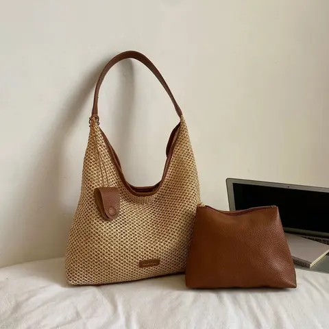 Woven Straw Tote Bag with Leather Accents and Matching Pouch