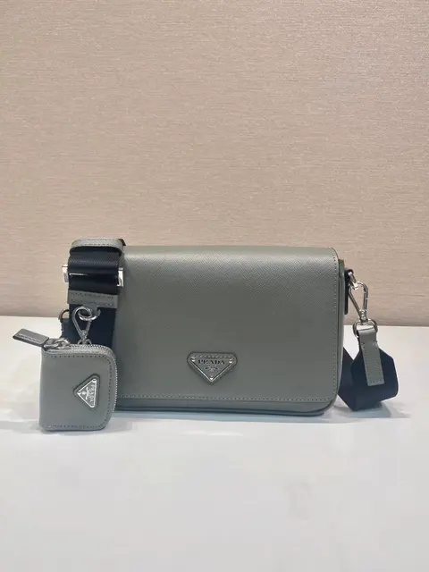 Prada Grey Saffiano Leather Crossbody Bag with Triangular Logo