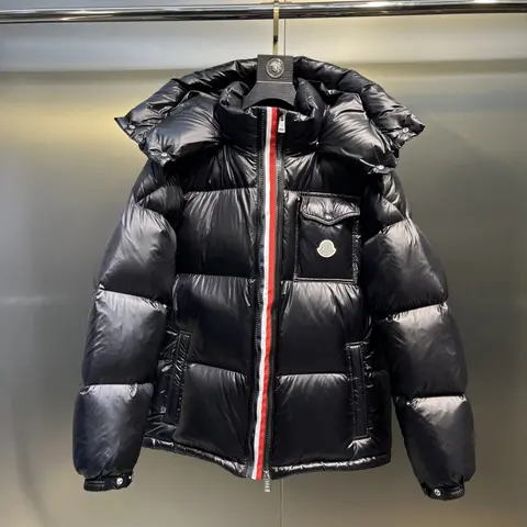Moncler Black Quilted Down Jacket with Red White Blue Stripe