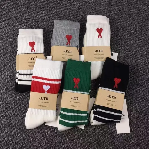 AMI Heart Stripe Towel-Soled Cotton Mid-Calf Socks - White and Black Unisex Skate Style