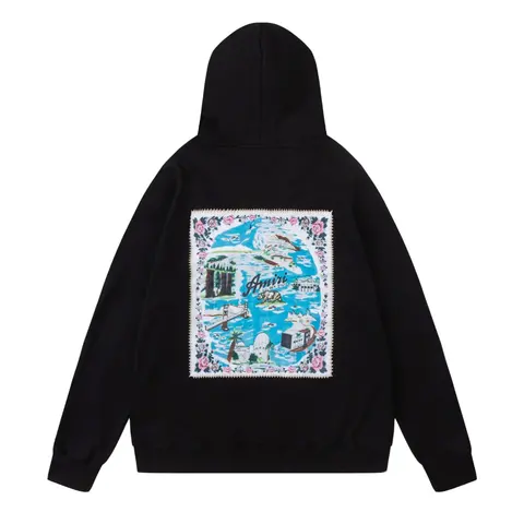 Amiri Black Hoodie with Embroidered Landscape Patch