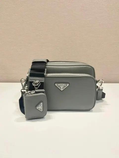 Prada Grey Saffiano Leather Crossbody Bag with Coin Purse