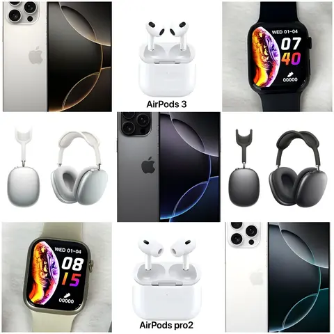 Apple Product Collection Featuring iPhone, AirPods, AirPods Pro, AirPods Max, and Apple Watch