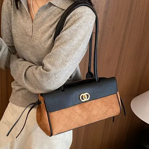 Two-Tone Quilted Suede and Leather Shoulder Bag with Gold Logo Clasp