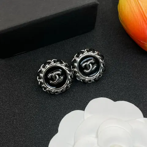 Chanel Black and Silver CC Logo Stud Earrings
