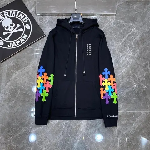 ERMINDD JAPAN Black Zip-Up Hoodie with Rainbow Cross Embroidery