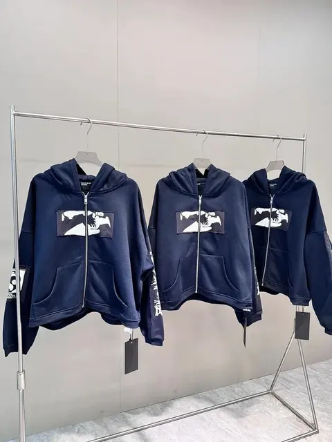 Dark Blue Zip-Up Hoodies with Graphic Patch Design