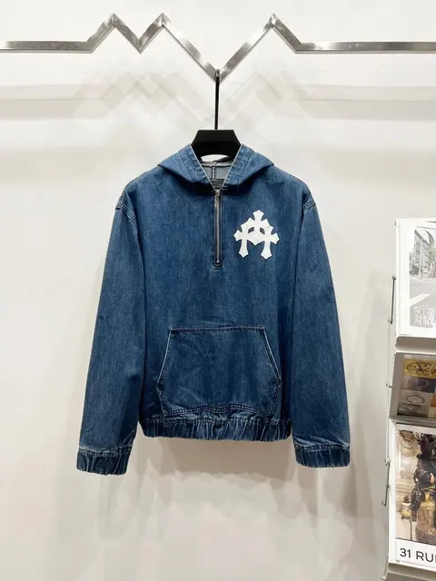Denim Hoodie with White Cross Logo