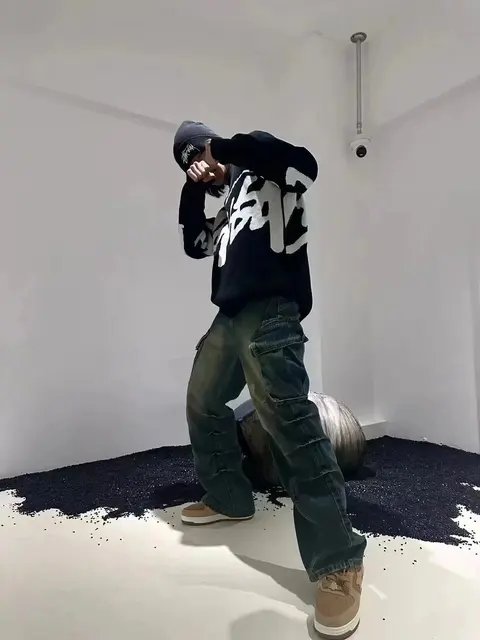 BAPE Black Logo Sweatshirt with Cargo Jeans and Beanie